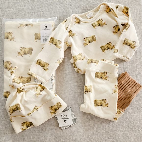 Kate Quinn Sheep Set Swaddle, Bodysuit, Panda Pants and Hat - Picture 10 of 16